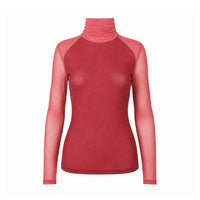 A women's long-sleeve turtleneck top with a wine + Auburn body and sheer cedar mesh sleeves