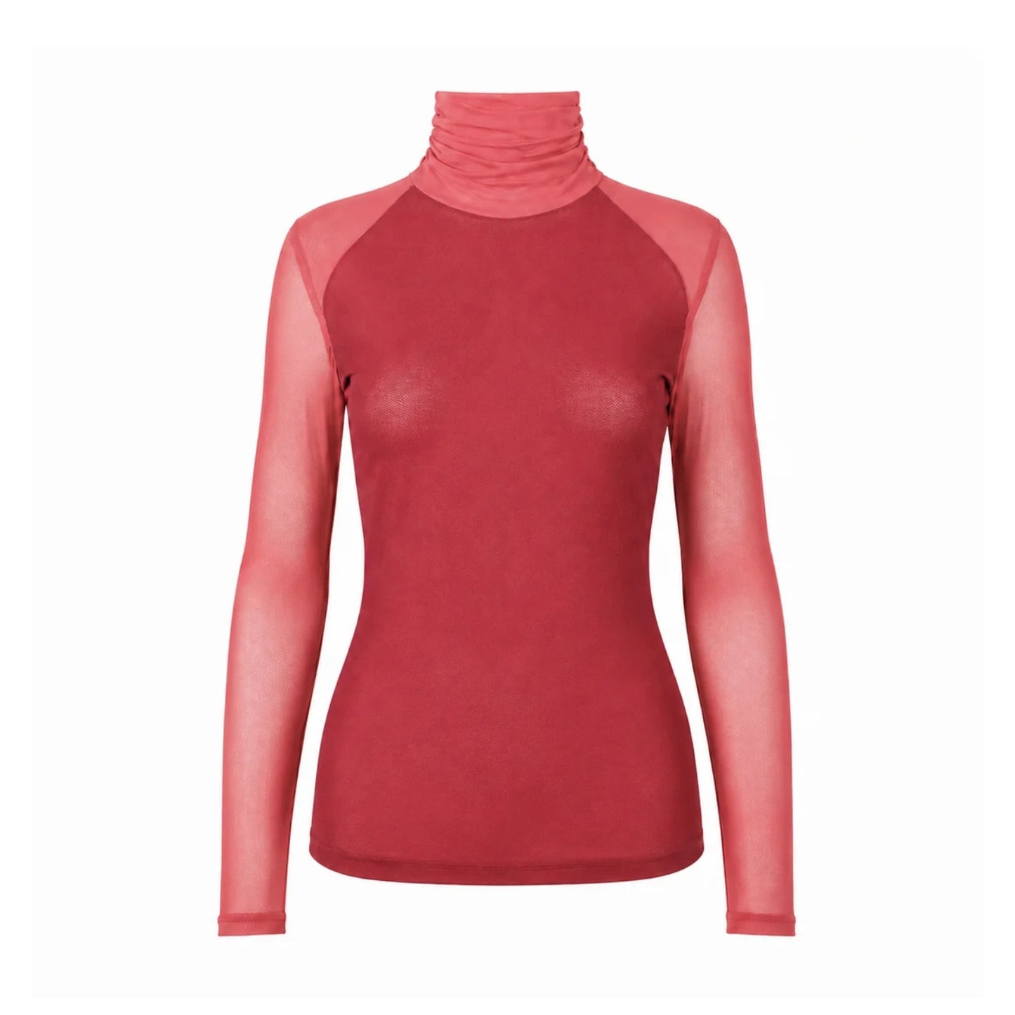 A women's long-sleeve turtleneck top with a wine + Auburn body and sheer cedar mesh sleeves