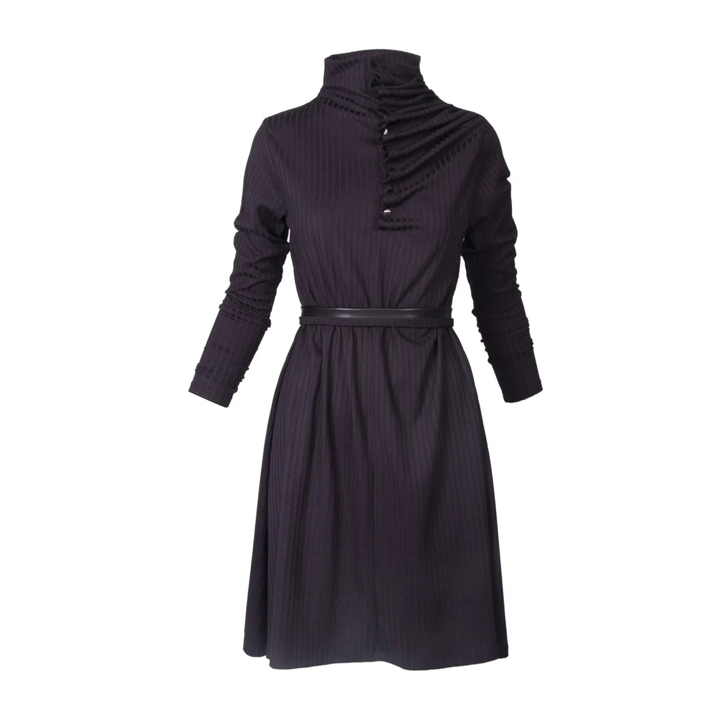 A dark charcoal black ribbed knit dress with a high gathered mock neck, long sleeves, and a matching waist belt.