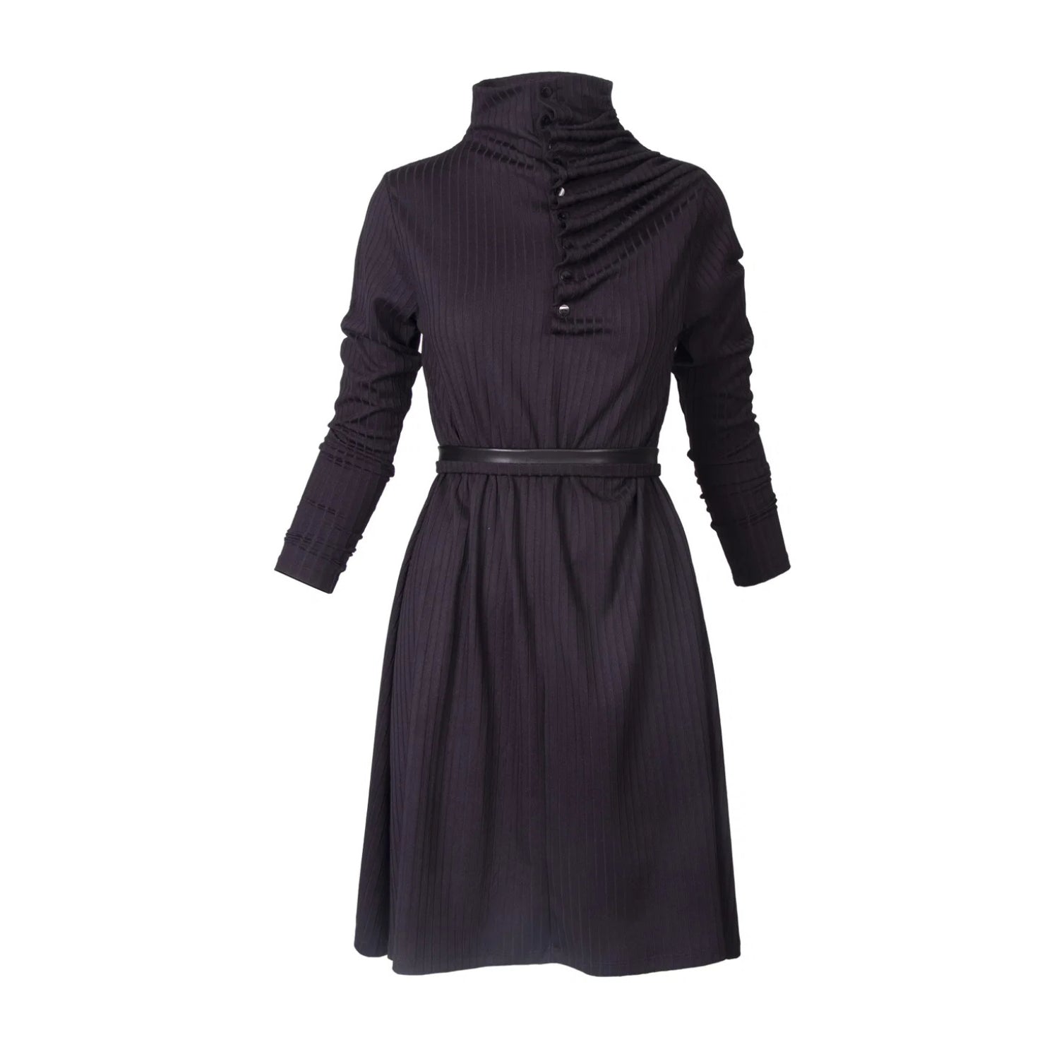 A dark charcoal black ribbed knit dress with a high gathered mock neck, long sleeves, and a matching waist belt.