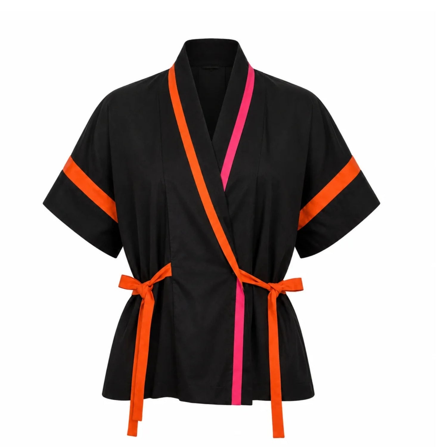 A black kimono-style wrap robe with bright orange trim on the sleeves and waist tie, and a contrasting hot pink trim down the front and collar.