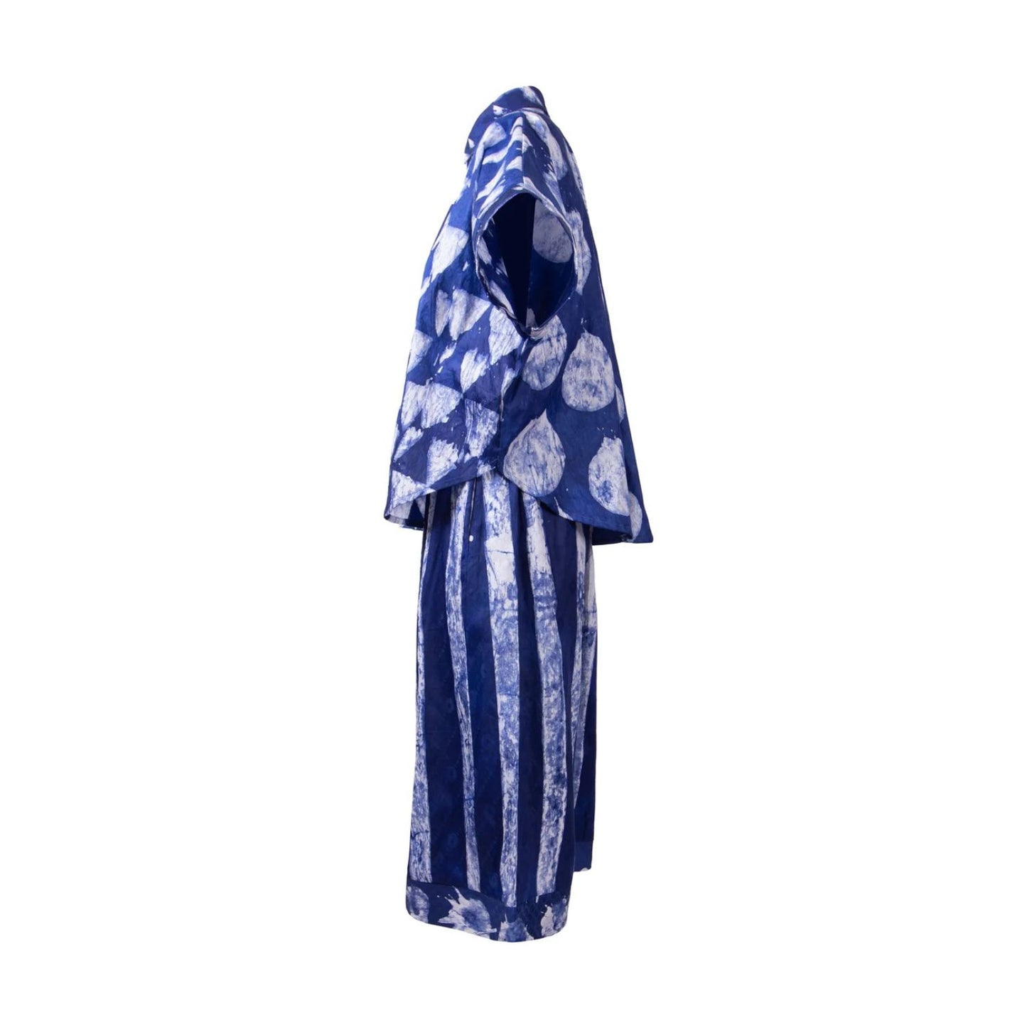 A blue and white patterned dress displayed on a headless mannequin against a plain white background.
