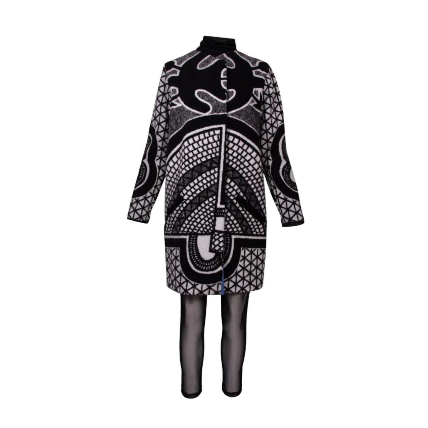 A black and white Basotho Blanket tribal  patterned long-sleeve coat with a high mock neck.