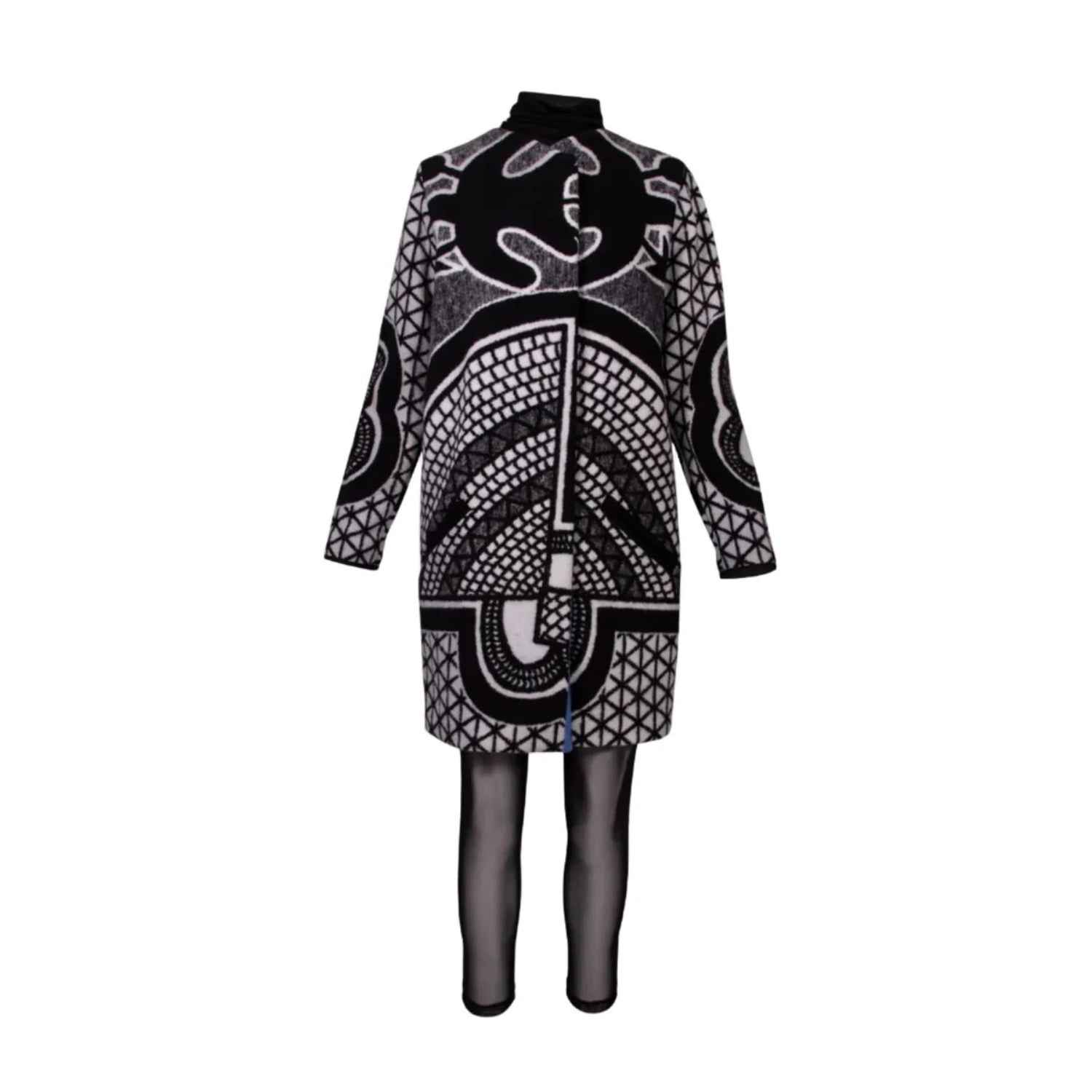 A black and white Basotho Blanket tribal  patterned long-sleeve coat with a high mock neck.