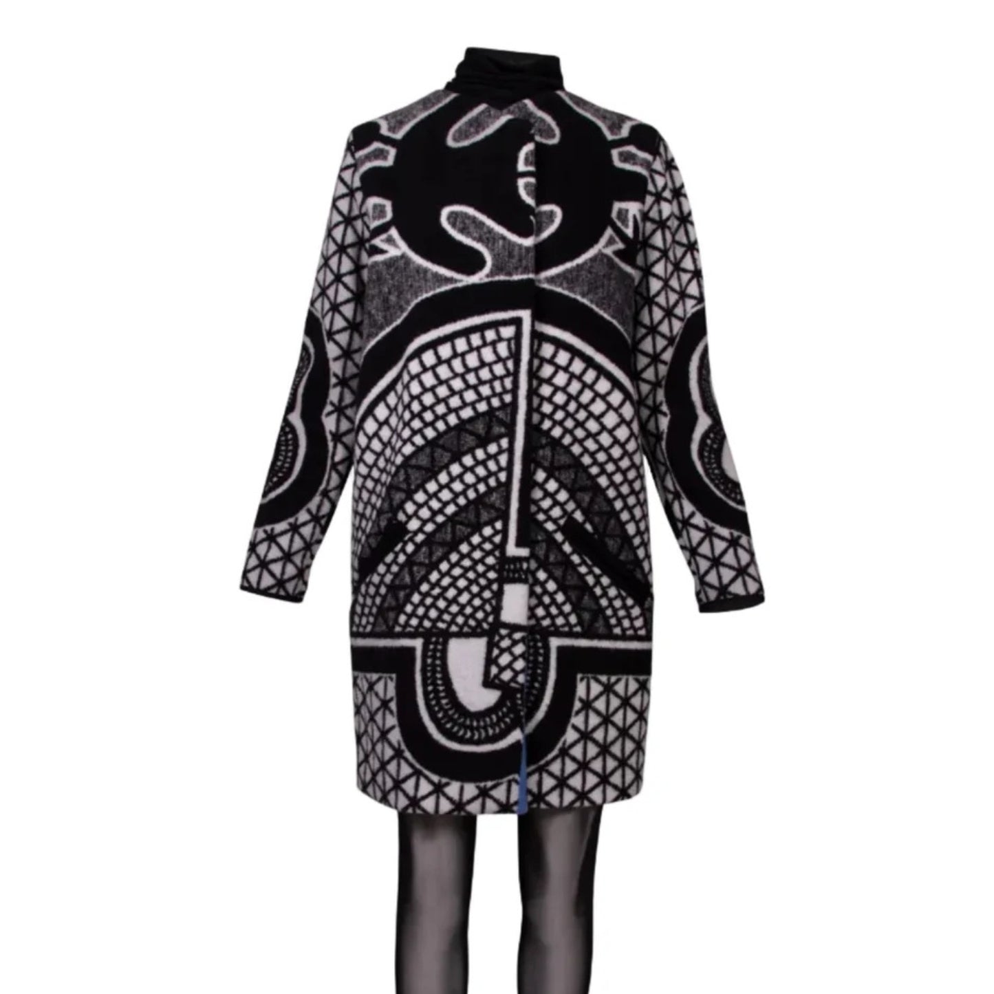 A long-sleeve mock-neck coat featuring a bold black and white geometric and tribal-inspired pattern, displayed on a mannequin against a plain white background.