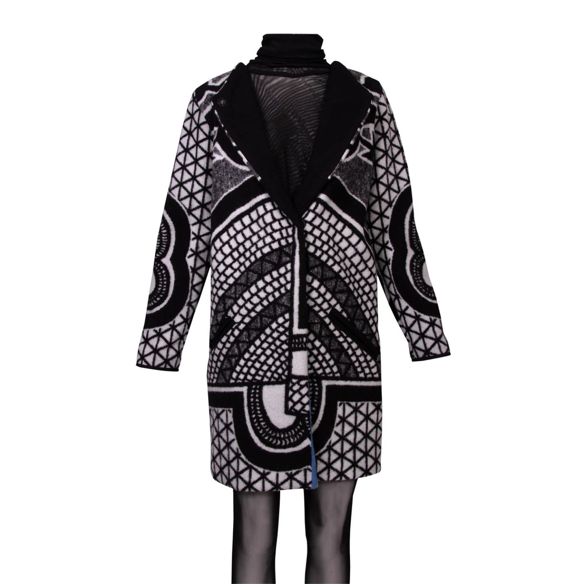 A black and white patterned coat with a black turtleneck collar, displayed on a mannequin against a plain white background.