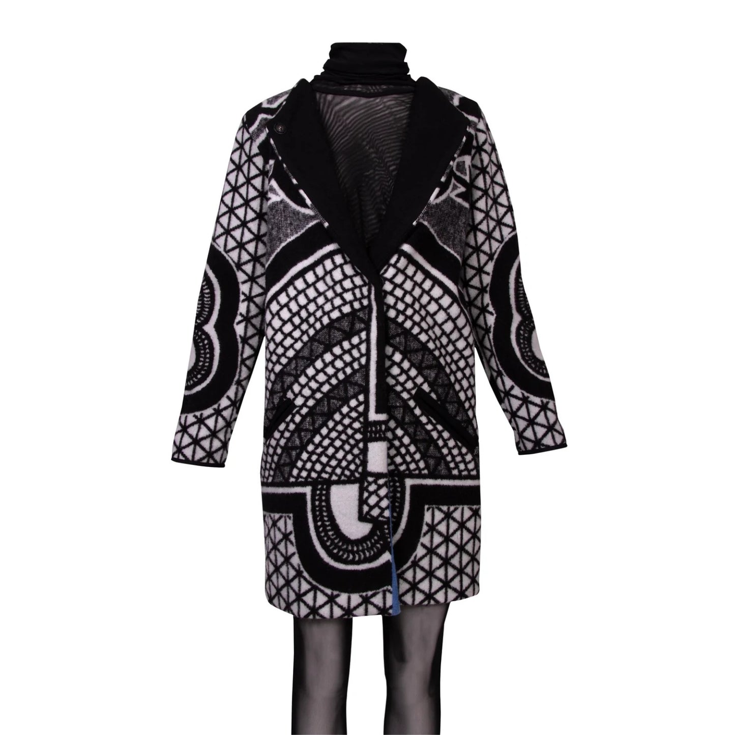 A black and white patterned coat with a black turtleneck collar, displayed on a mannequin against a plain white background.