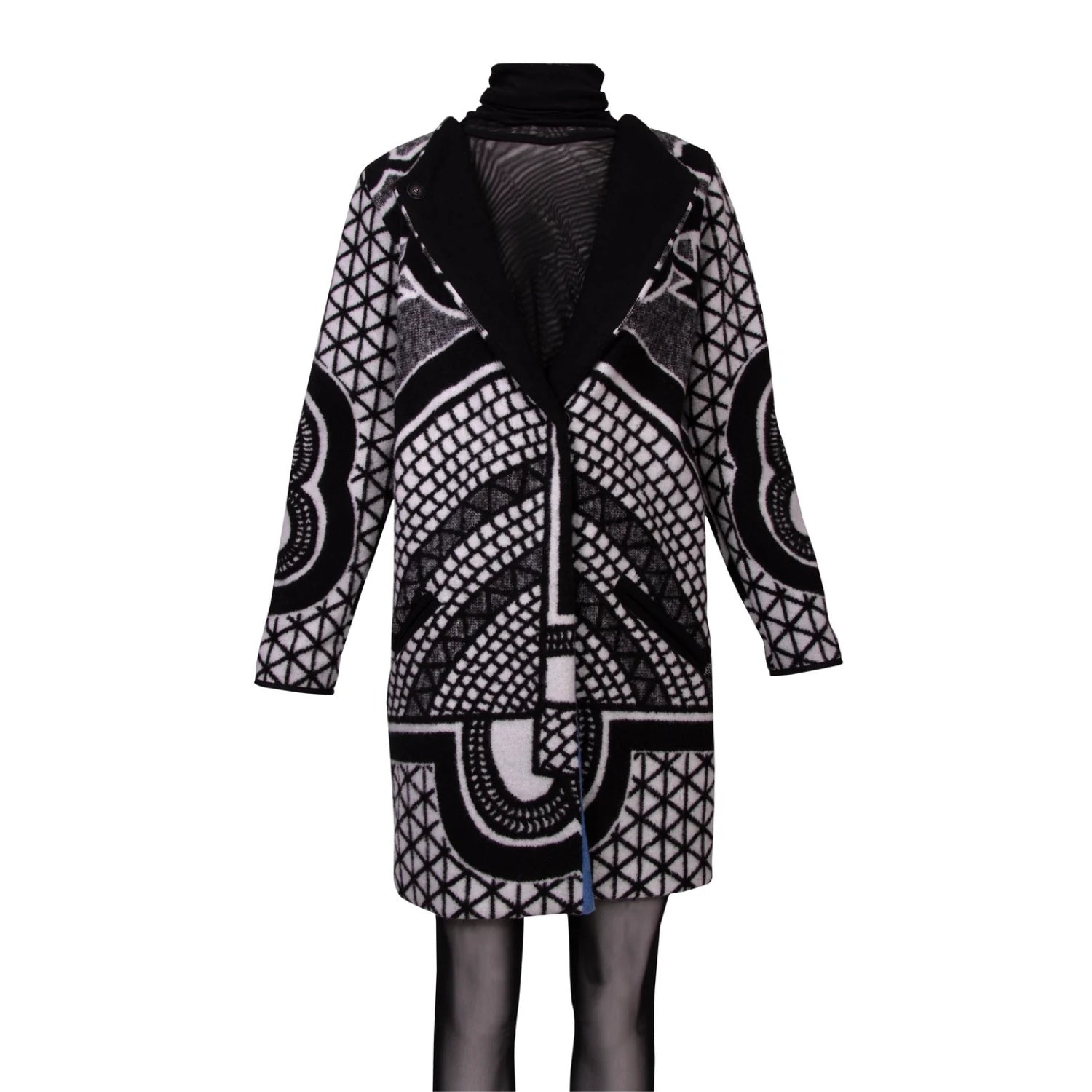 A black and white patterned coat with a black turtleneck collar, displayed on a mannequin against a plain white background.