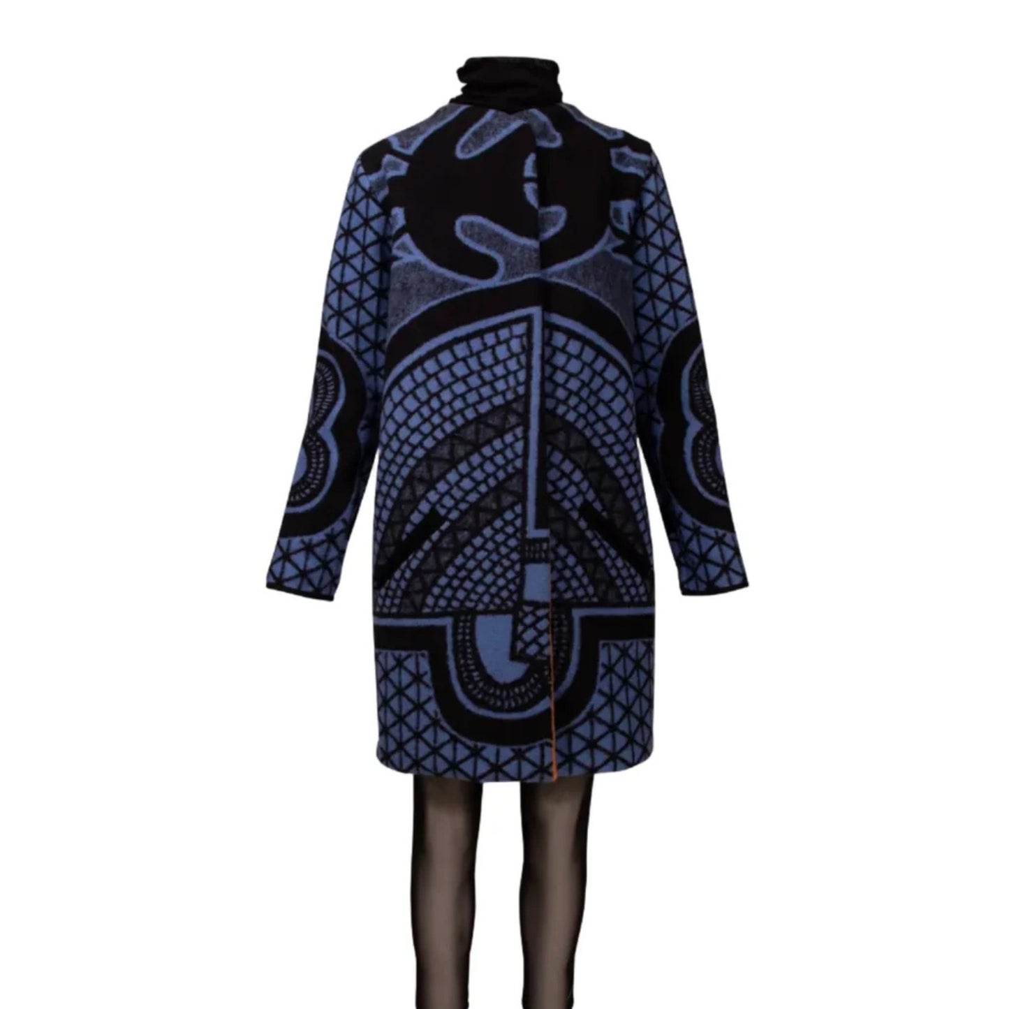 A long-sleeve Basotho Blanket coat with an intricate black and navy blue tribal-inspired geometric pattern.