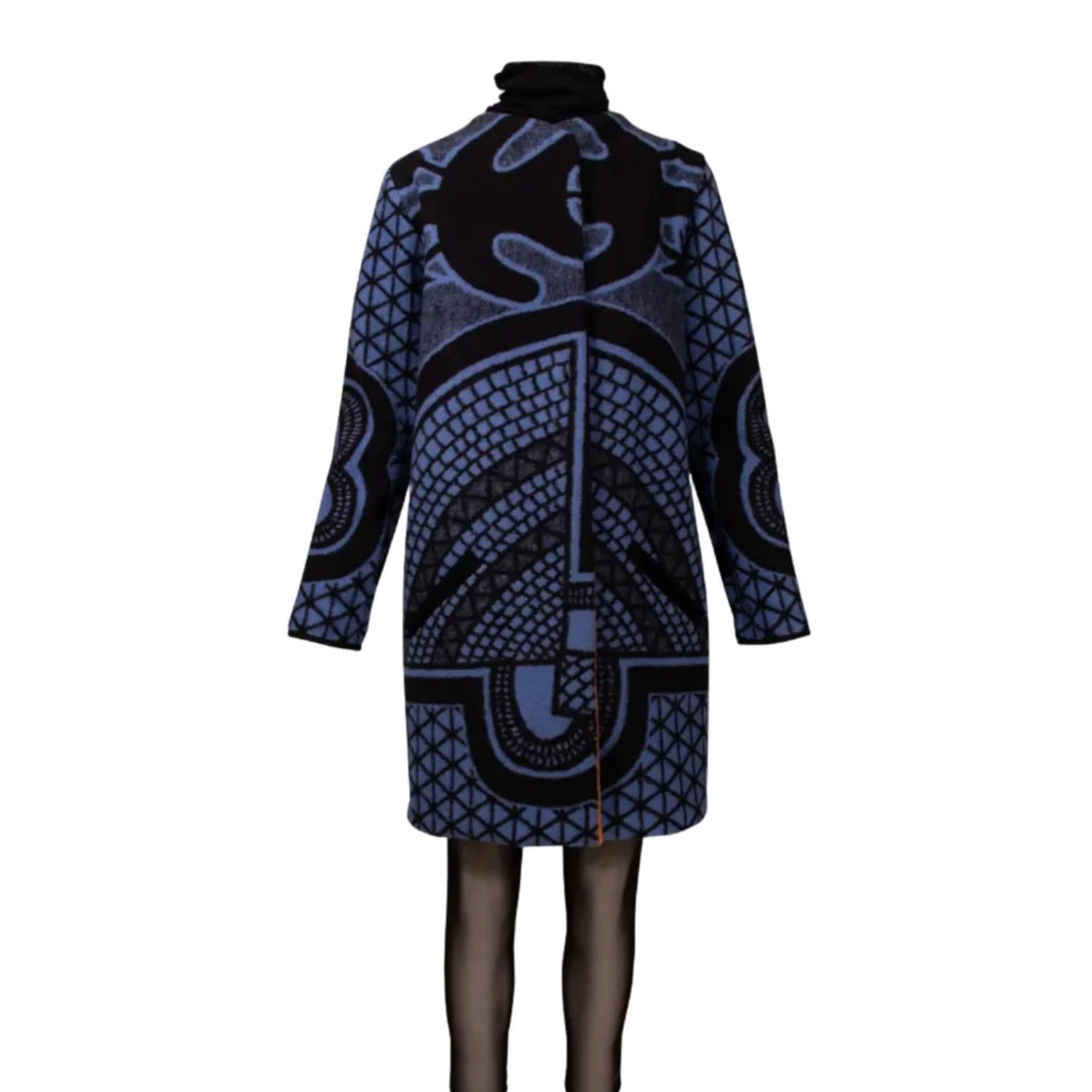 A long-sleeve Basotho Blanket coat with an intricate black and navy blue tribal-inspired geometric pattern.