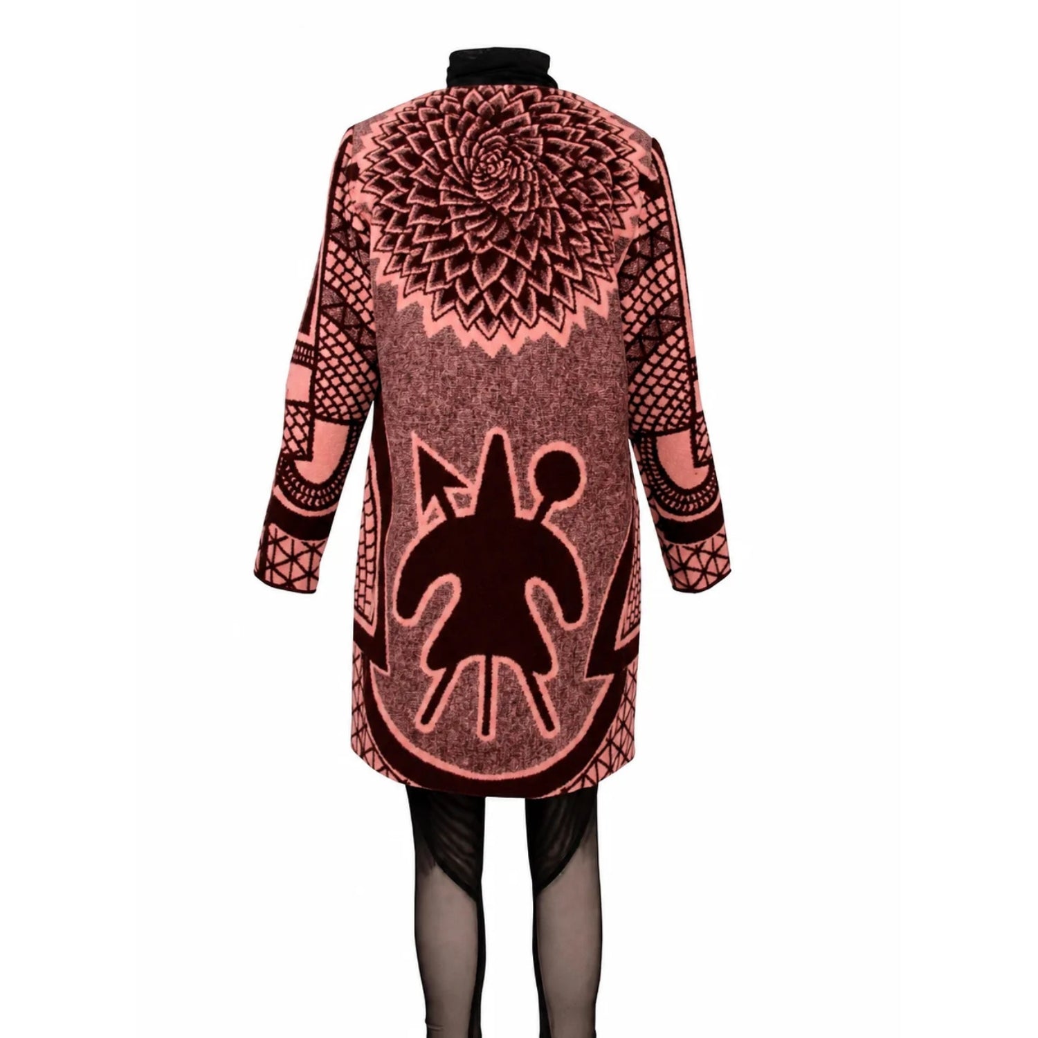 A long-sleeve coat with a pink and dark red abstract tribal pattern, displayed on a black mannequin against a white background.