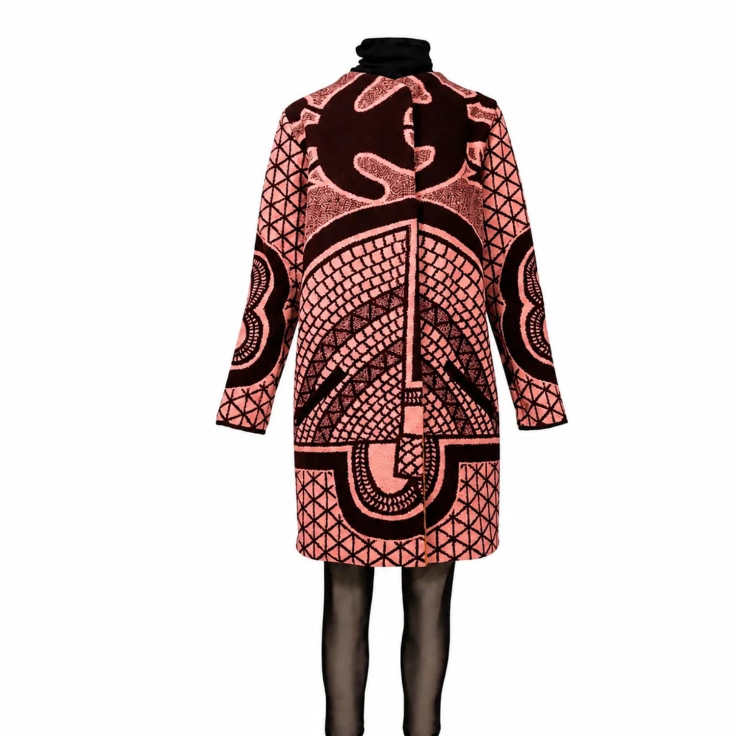 A long-sleeve coat with a bold, high-contrast abstract geometric pattern in black and a dusty rose pink, displayed on a headless mannequin against a plain white background.