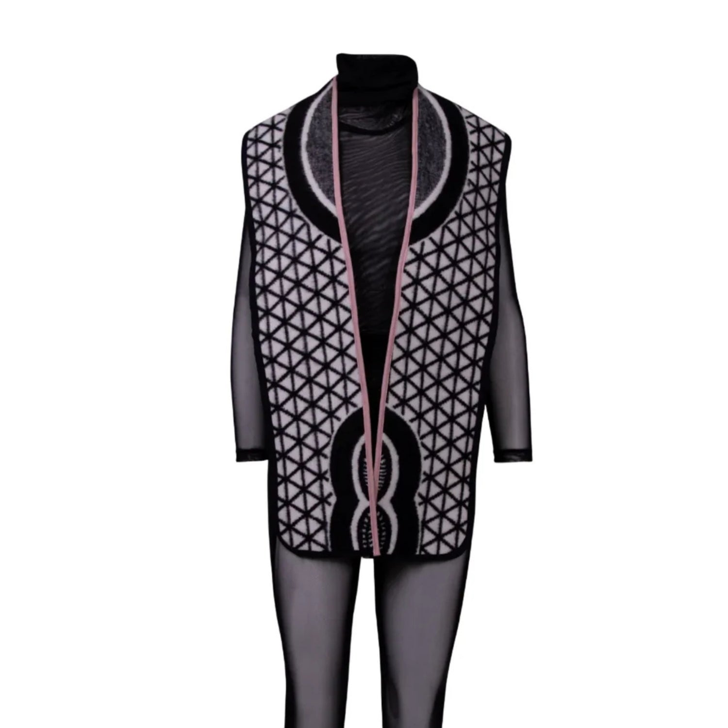 A sleeveless black vest with a geometric triangular pattern, featuring a pink trim and a black circular patch on the front all from the  Basotho Blanket.