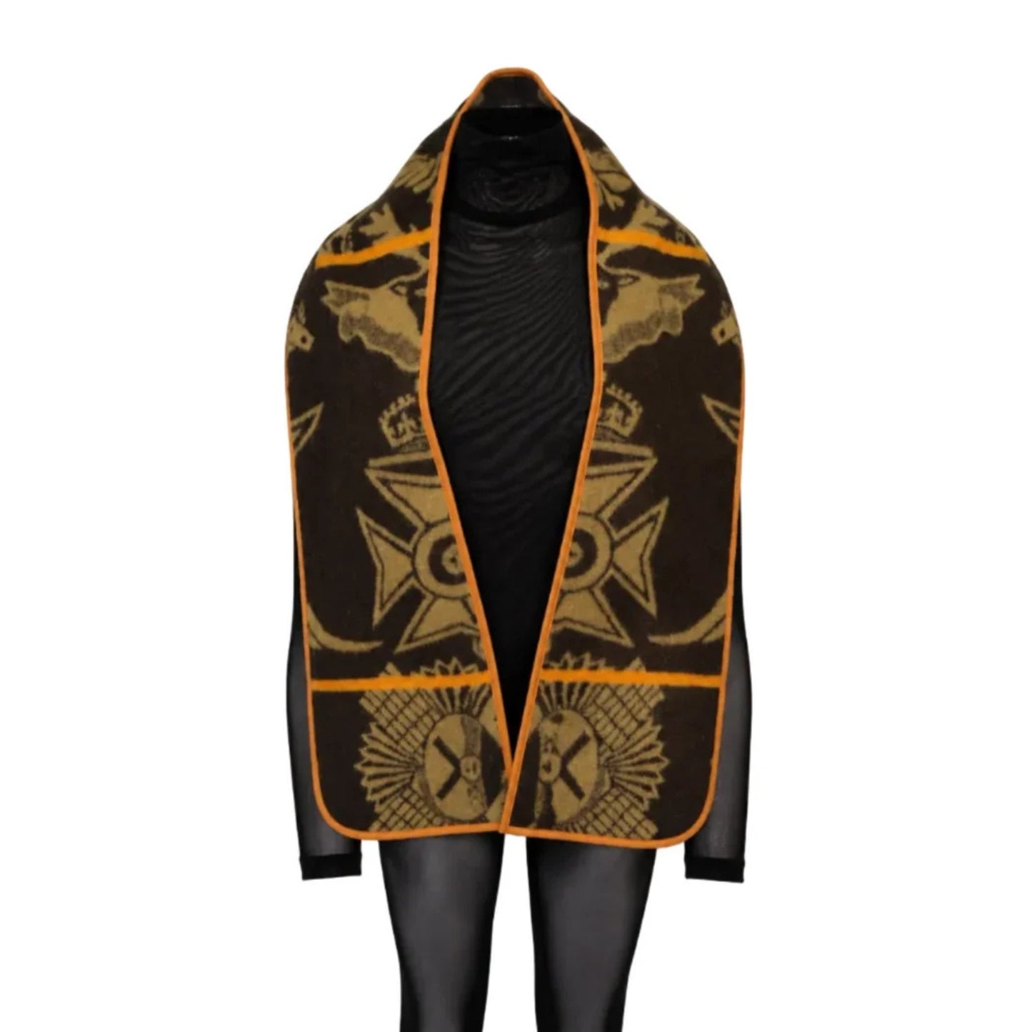 A chocolate brown open-front wrap or shawl with a gold  york Basotho tribal style pattern, displayed on a black mannequin torso