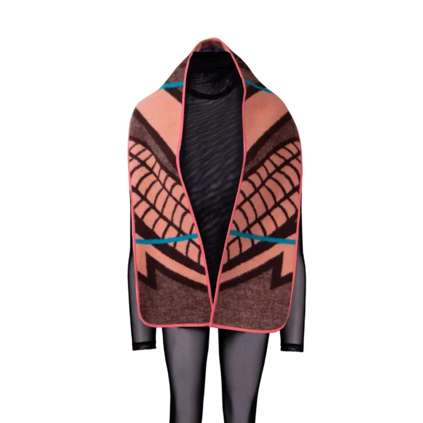 A knit wrap or shawl with a geometric tribal-inspired pattern in brown, peach, and black from the Basotho Blanket.