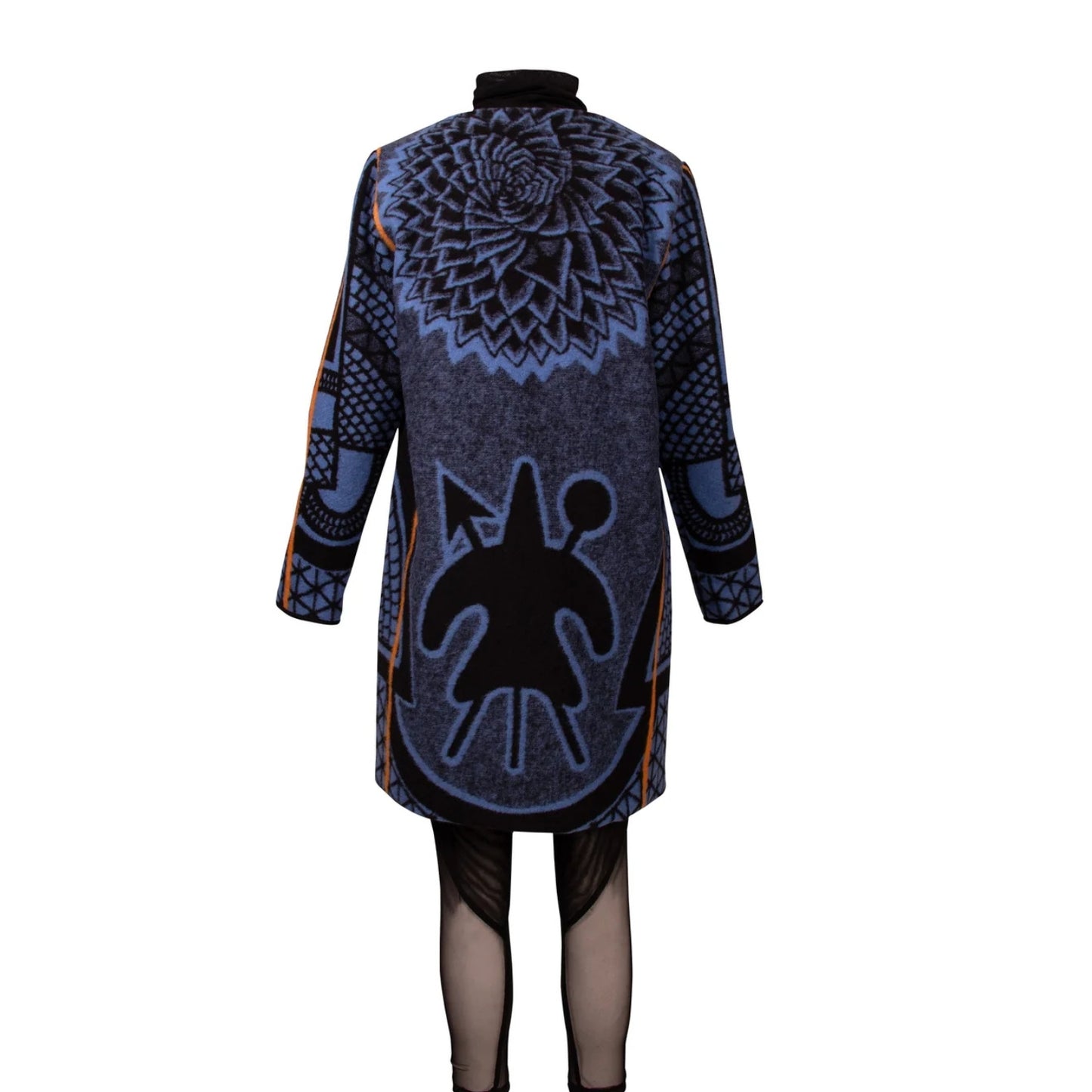 A long-sleeve patterned coat shown from the back on a mannequin, featuring a dark blue and black geometric design with a large central black symbol and mandala-like motifs, set against a plain white background.