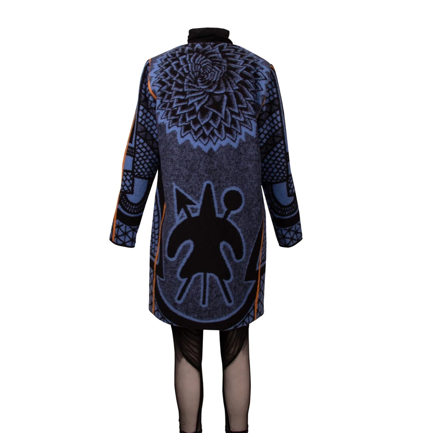 A long-sleeve patterned coat shown from the back on a mannequin, featuring a dark blue and black geometric design with a large central black symbol and mandala-like motifs, set against a plain white background.