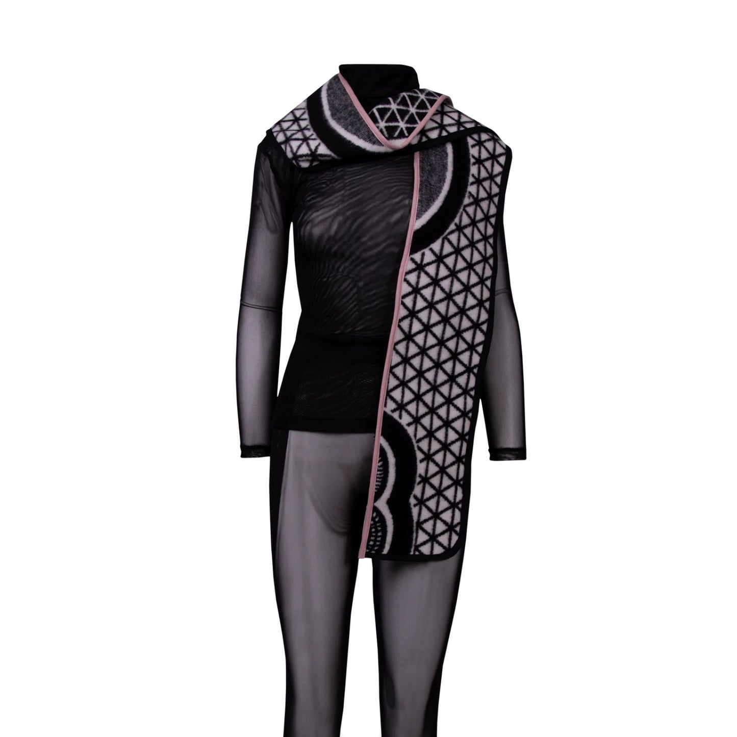 A black and gray patterned asymmetrical vest with sheer long sleeves and a matching high collar, shown on a headless mannequin against a plain white background.