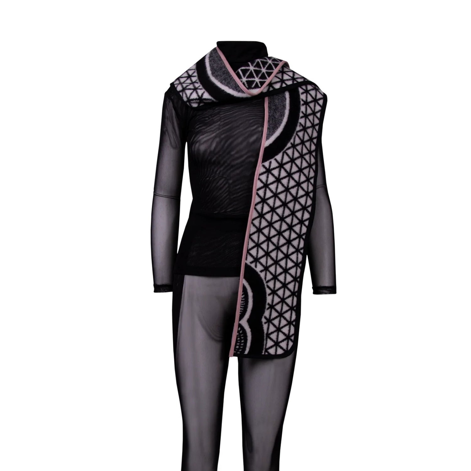 A black and gray patterned asymmetrical vest with sheer long sleeves and a matching high collar, shown on a headless mannequin against a plain white background.