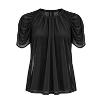 A black short-sleeve blouse with sheer puff sleeves and a gathered round neckline, shown against a plain white background.