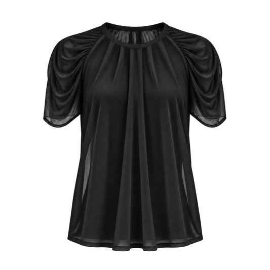 A black short-sleeve blouse with sheer puff sleeves and a gathered round neckline, shown against a plain white background.