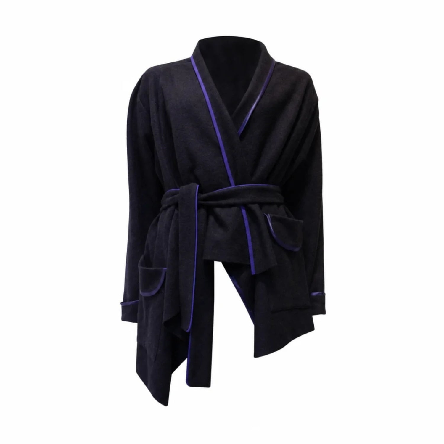 A Navy with satin royal blue piping trim, featuring a tie belt, collar, and front pockets, in Origami boiled wool.