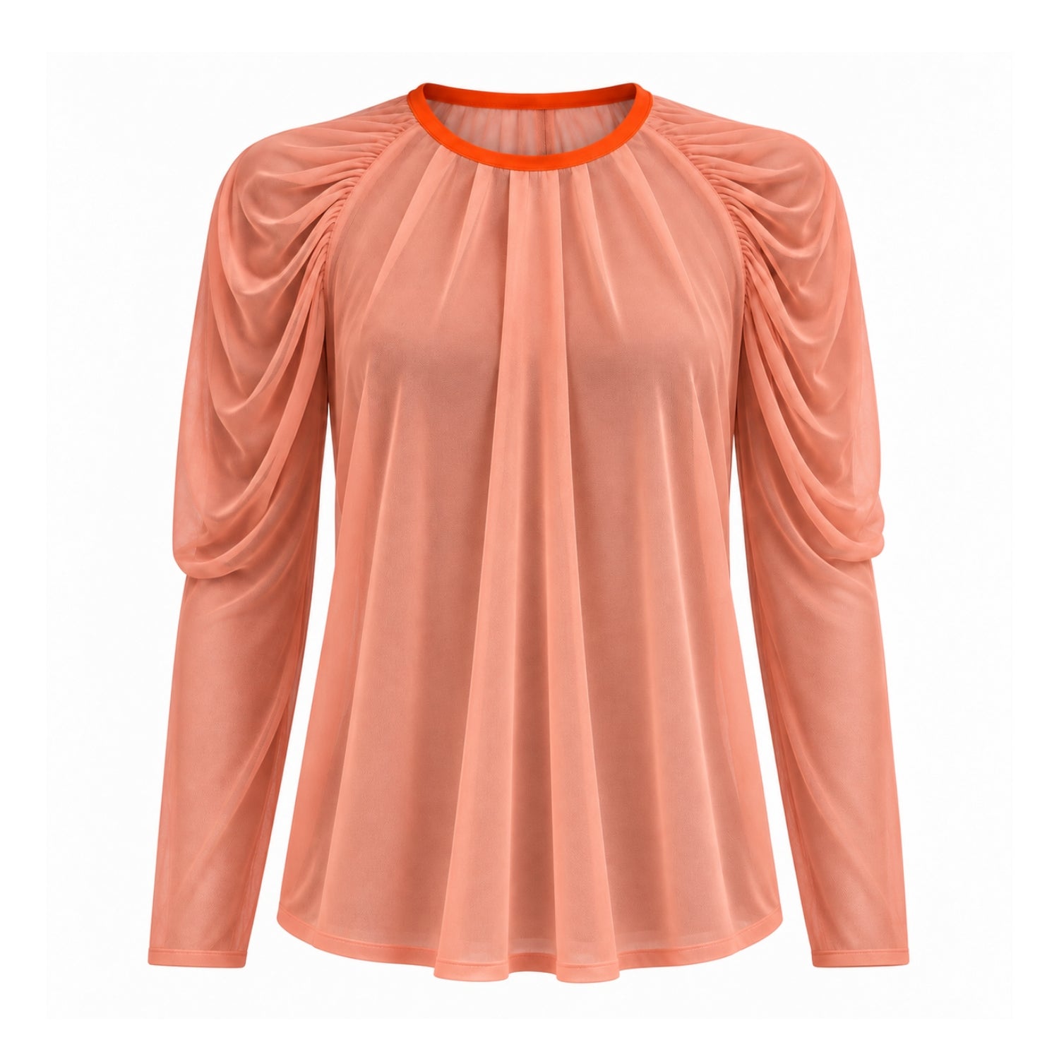 A peach-colored long-sleeve blouse with gathered puff sleeves and a contrasting bright orange crew neck trim, shown against a plain white background.