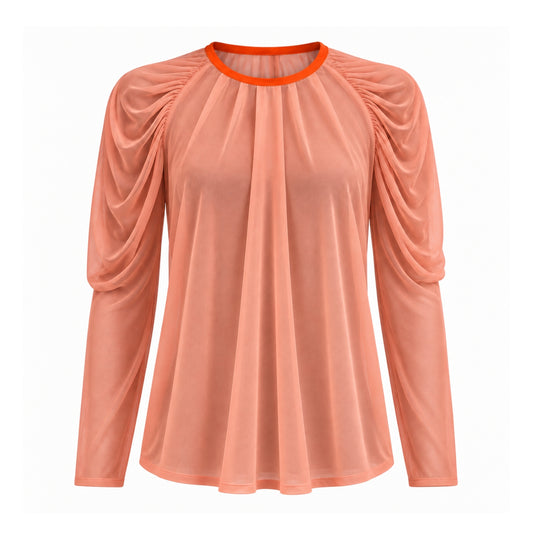 A peach-colored long-sleeve blouse with gathered puff sleeves and a contrasting bright orange crew neck trim, shown against a plain white background.