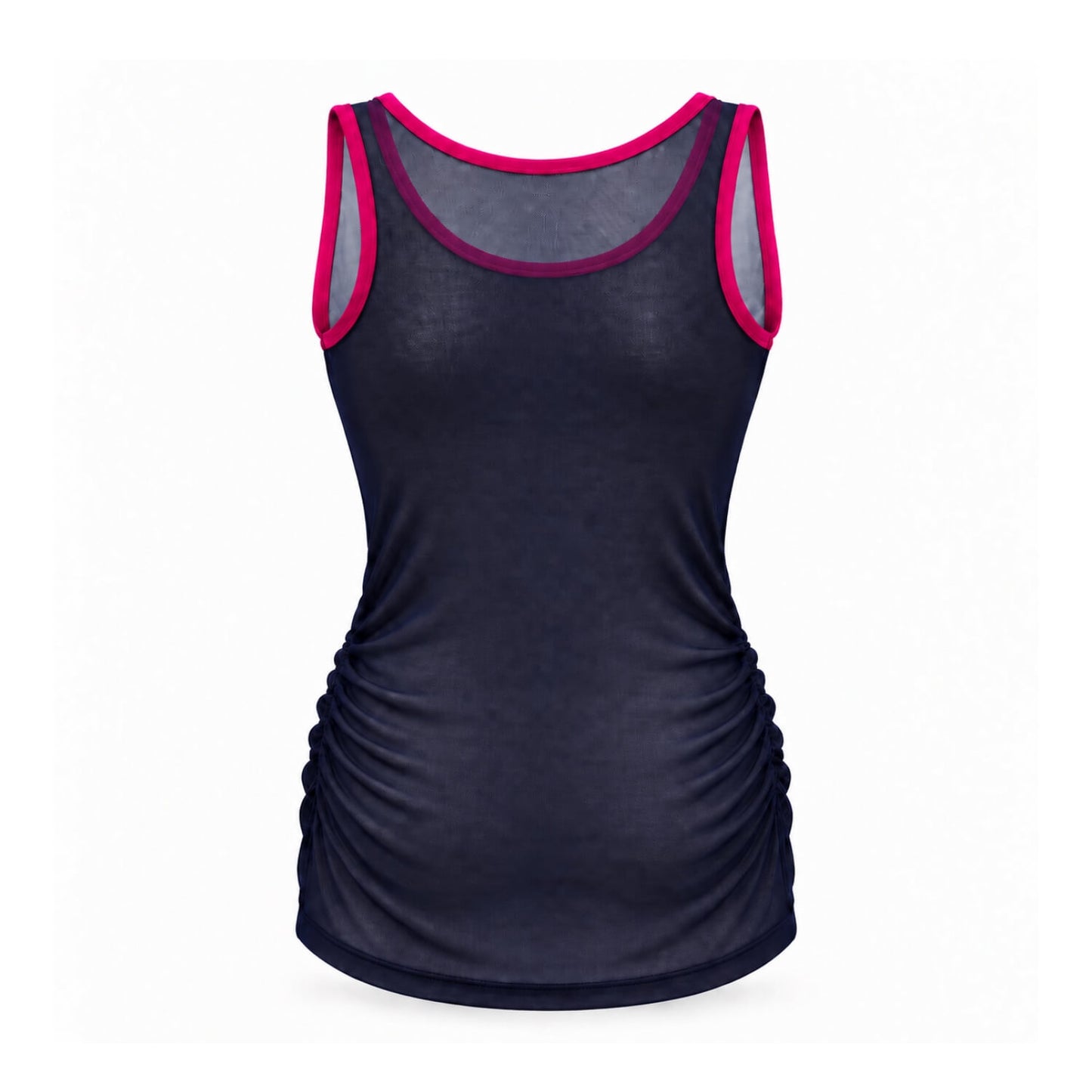 A women's racerback tank top in dark navy blue with bright pink trim along the scoop neck and armholes, shown on a plain white background.