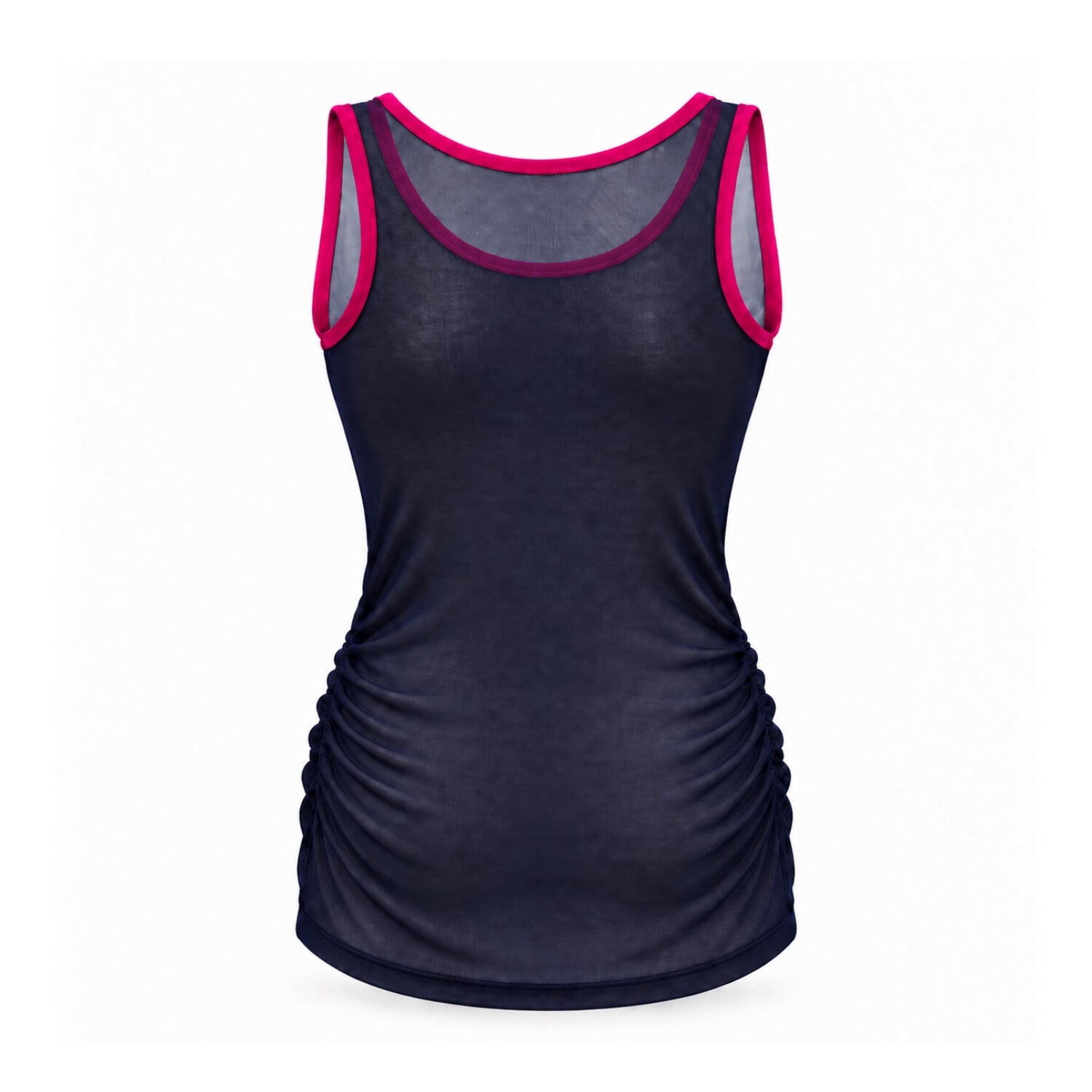 A women's racerback tank top in dark navy blue with bright pink trim along the scoop neck and armholes, shown on a plain white background.