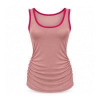 A women's sleeveless tank top in dusty rose pink with bright pink trim along the scoop neck and armholes, featuring a ruched side detail, shown on a plain white background.