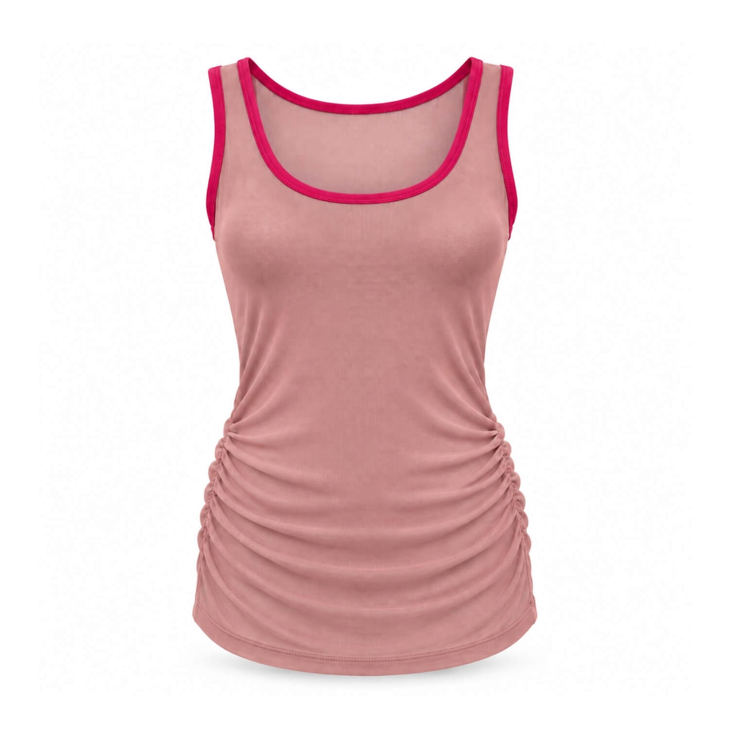 A women's sleeveless tank top in dusty rose pink with bright pink trim along the scoop neck and armholes, featuring a ruched side detail, shown on a plain white background.