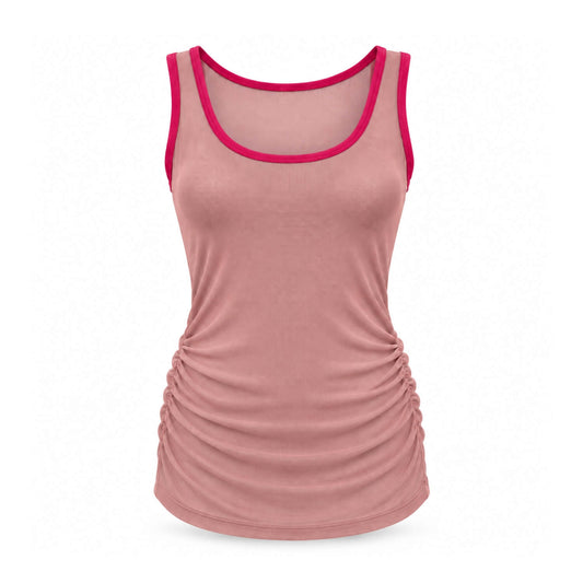 A women's sleeveless tank top in dusty rose pink with bright pink trim along the scoop neck and armholes, featuring a ruched side detail, shown on a plain white background.