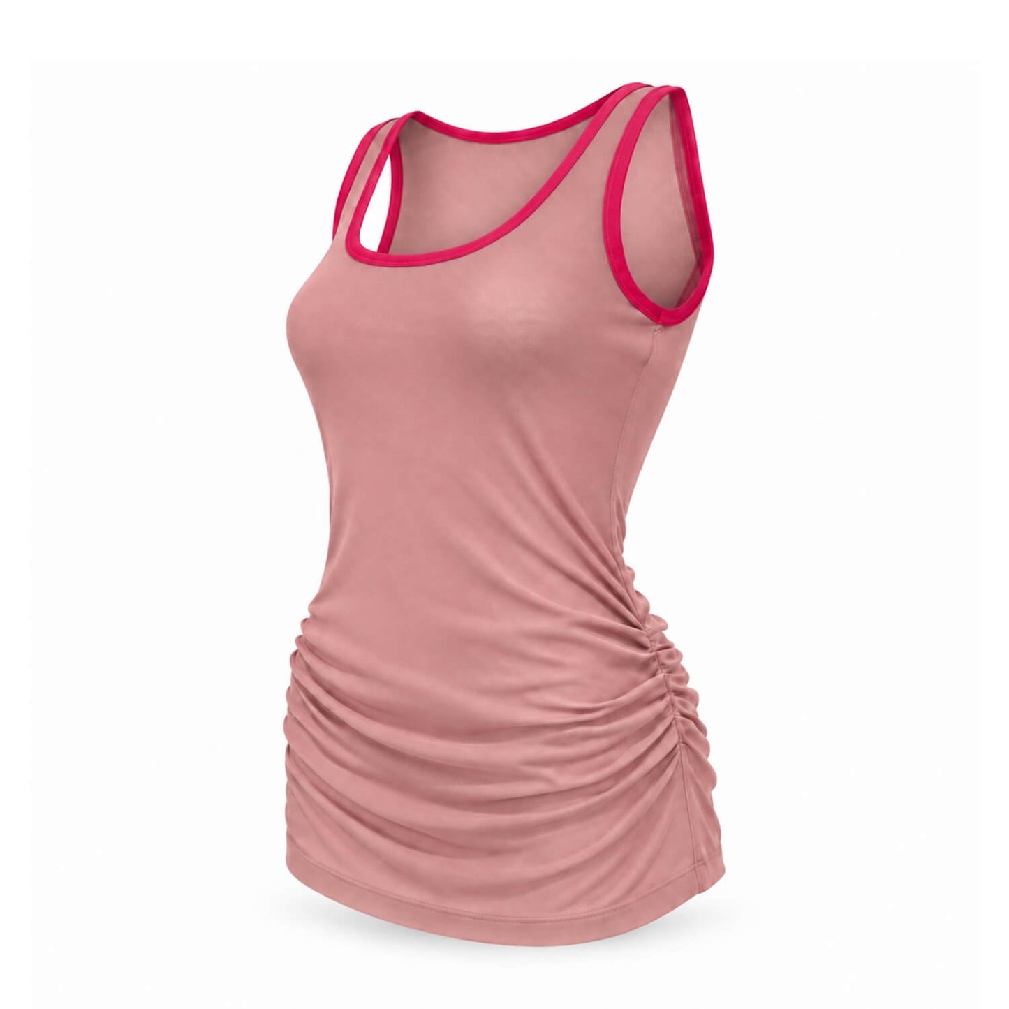 A women's sleeveless tank top in dusty rose pink with bright pink trim along the scoop neckline and armholes, featuring a ruched side detail, shown on a plain white background.