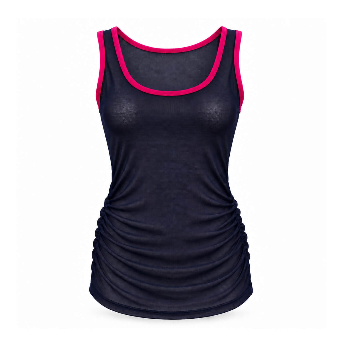 A women's sleeveless tank top in dark navy blue with bright pink trim along the scoop neck and armholes, shown on a plain white background.