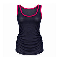 A women's sleeveless tank top in dark navy blue with bright pink trim along the scoop neck and armholes, shown on a plain white background.