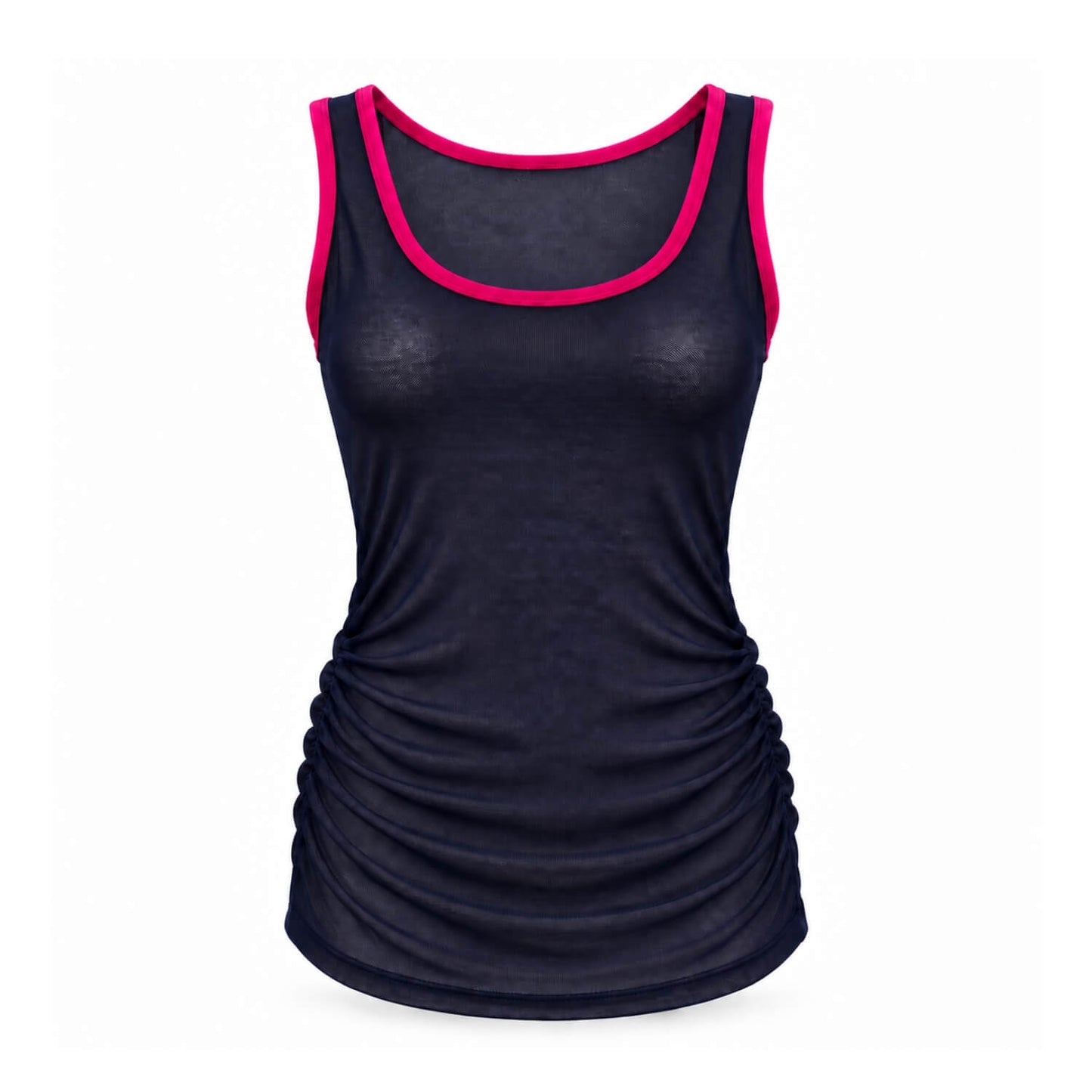 A women's sleeveless tank top in dark navy blue with bright pink trim along the scoop neck and armholes, shown on a plain white background.