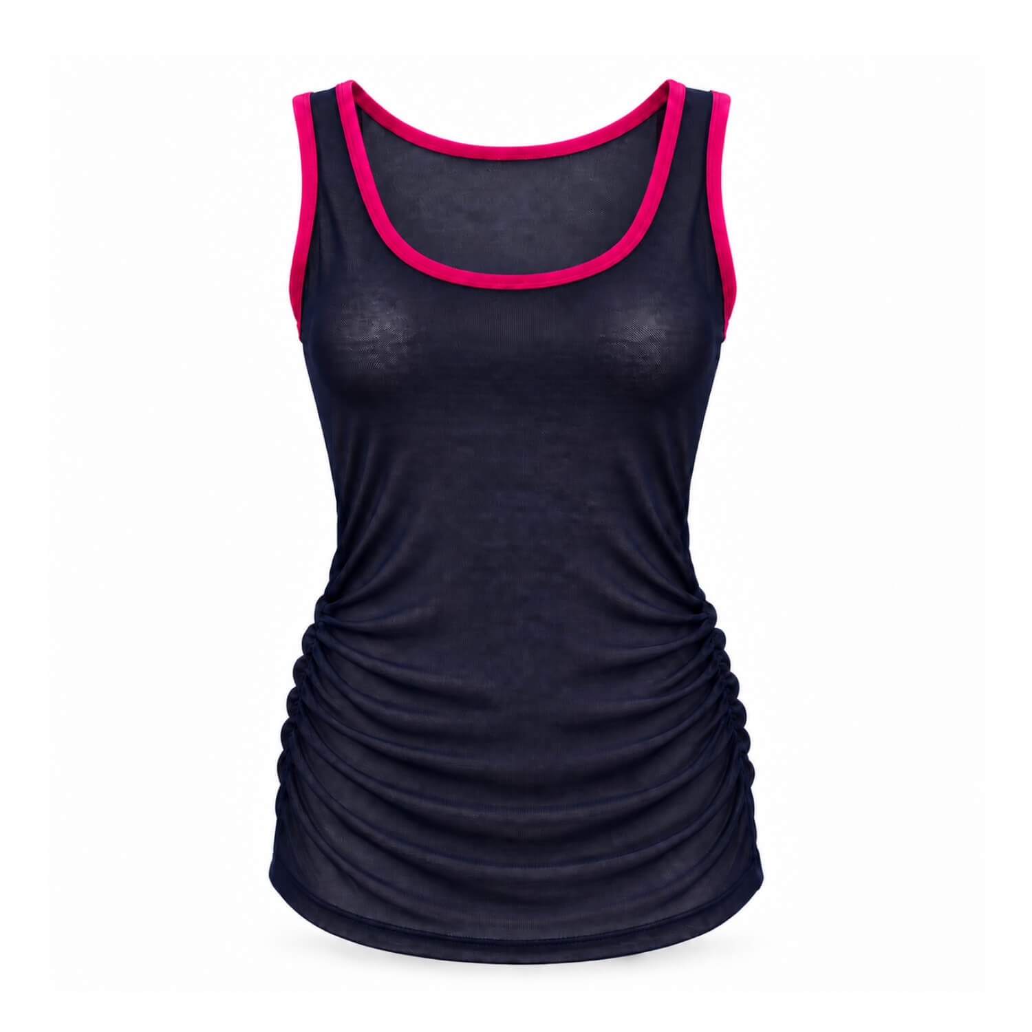 A women's sleeveless tank top in dark navy blue with bright pink trim along the scoop neck and armholes, shown on a plain white background.