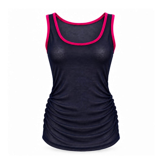 A women's sleeveless tank top in dark navy blue with bright pink trim along the scoop neck and armholes, shown on a plain white background.
