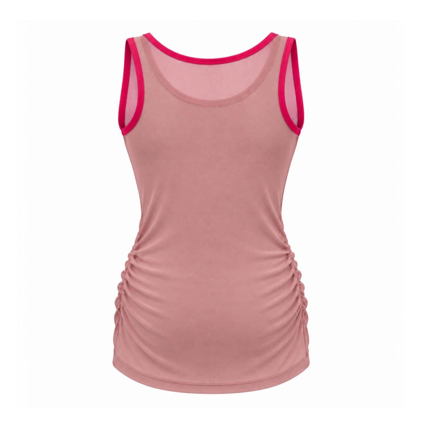 A women's sleeveless tank top in dusty rose pink with bright pink trim along the scoop neck and armholes, featuring ruched detailing on the sides, shown against a plain white background.