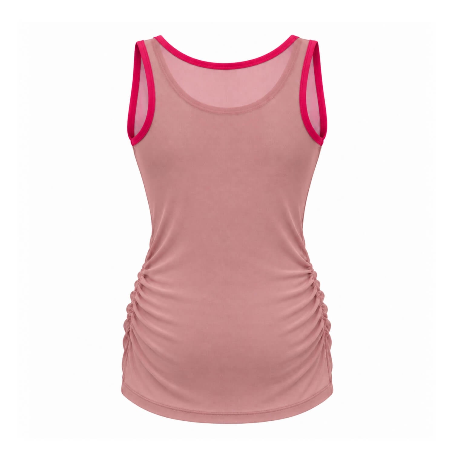 A women's sleeveless tank top in dusty rose pink with bright pink trim along the scoop neck and armholes, featuring ruched detailing on the sides, shown against a plain white background.