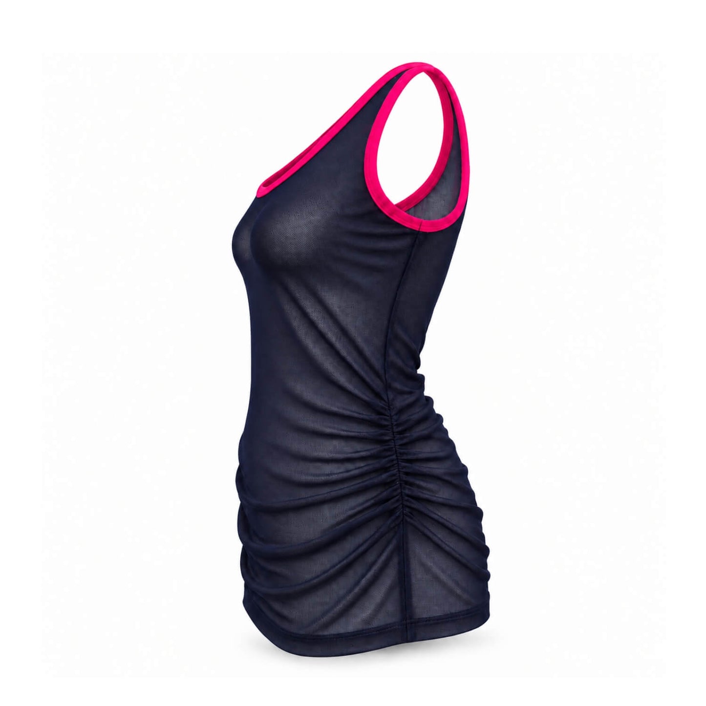 A sleeveless ruched tank top in dark navy blue with a vibrant hot pink trim along the scoop neck, displayed on a clean white background.
