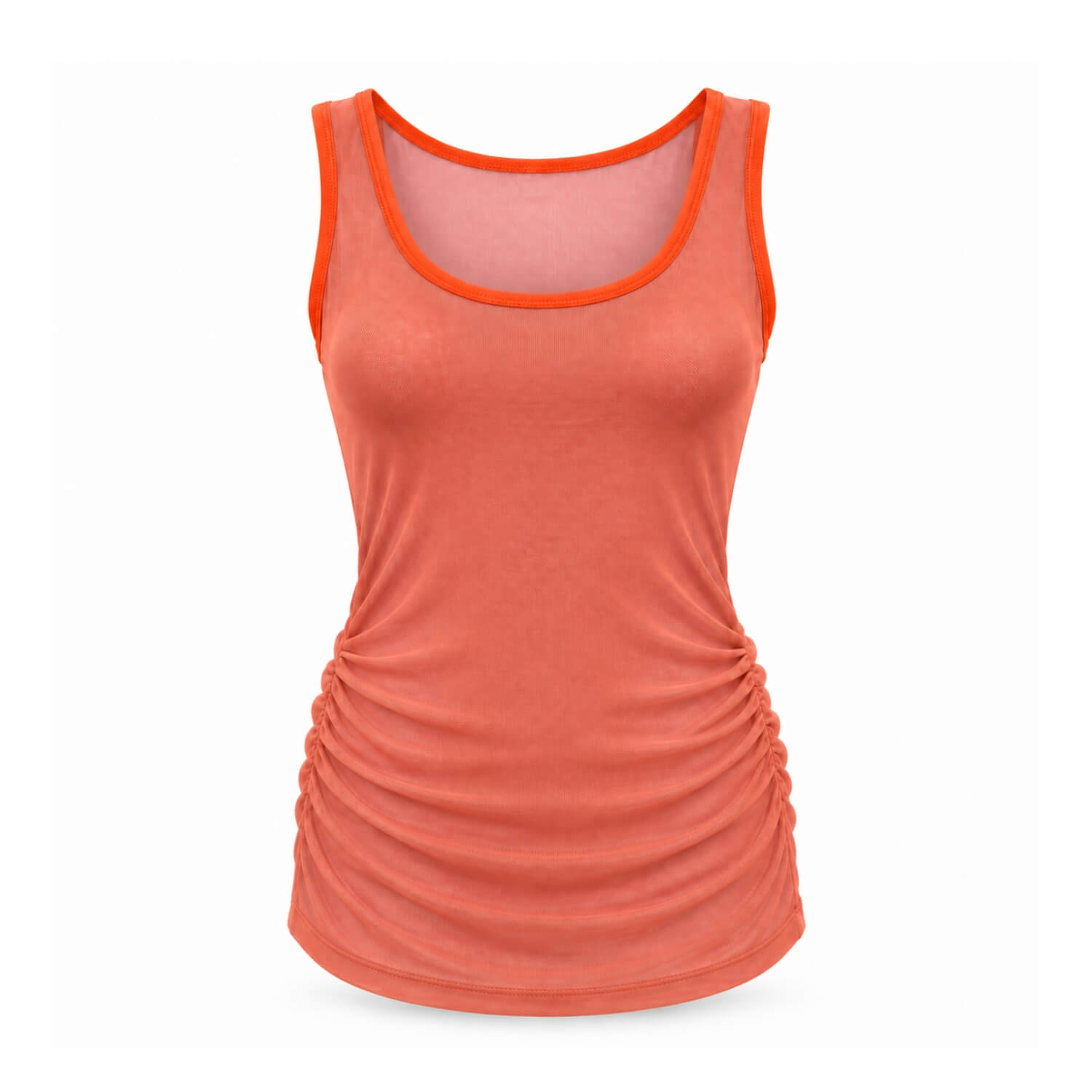 A women's sleeveless tank top in a heathered coral-orange color, featuring a scoop neckline with contrasting bright orange trim and ruched detailing along the side seams, shown against a plain white background.