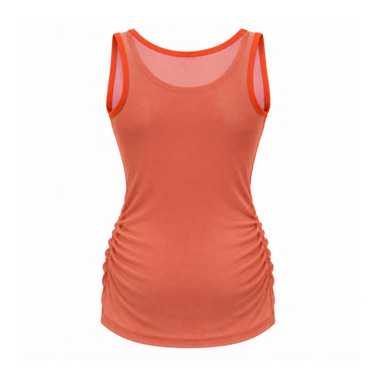 A women's sleeveless athletic tank top in a warm coral-orange color, featuring a scoop neck with orange trim, a sheer mesh round neck insert, and ruched side detailing, shown against a plain white background.