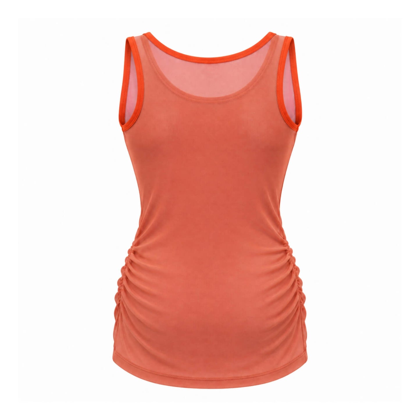 A women's sleeveless athletic tank top in a warm coral-orange color, featuring a scoop neck with orange trim, a sheer mesh round neck insert, and ruched side detailing, shown against a plain white background.