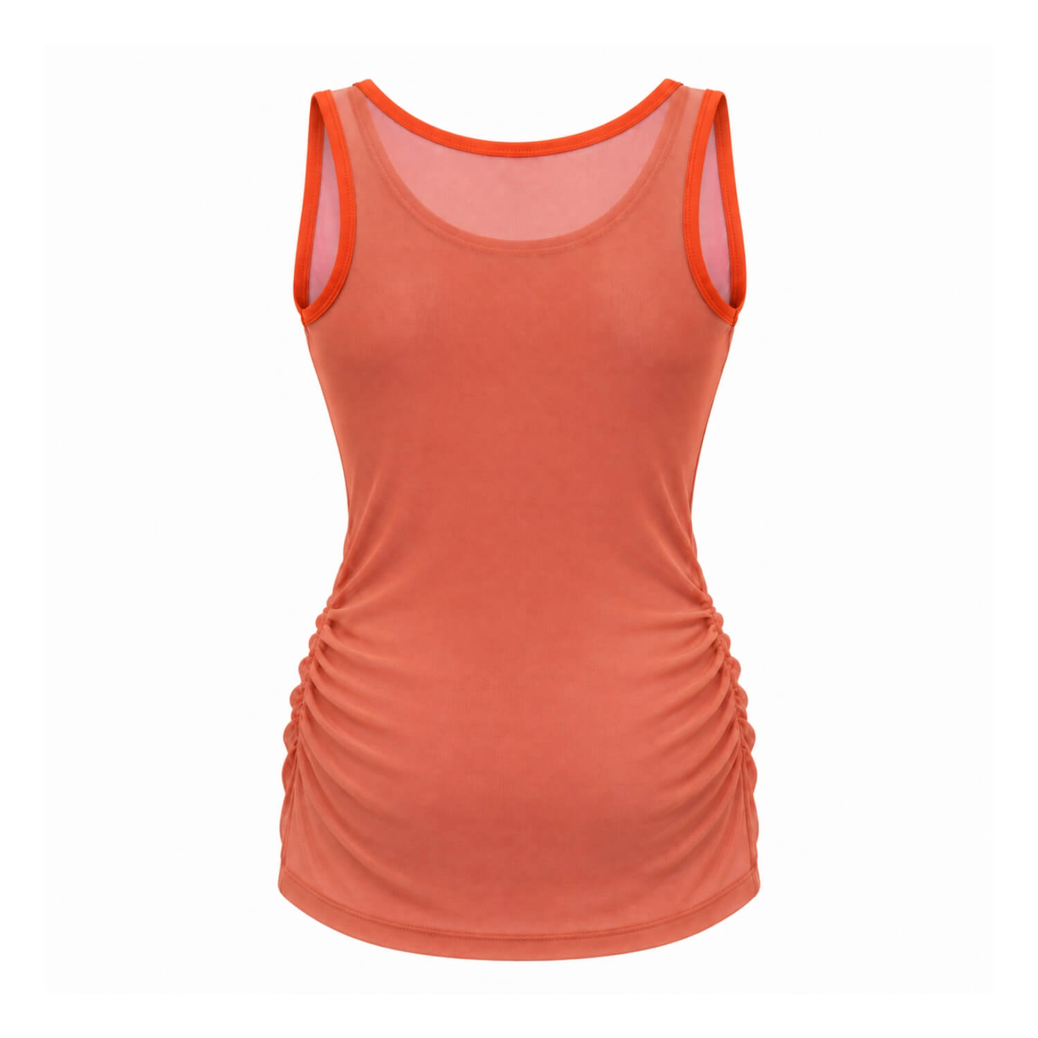A women's sleeveless athletic tank top in a warm coral-orange color, featuring a scoop neck with orange trim, a sheer mesh round neck insert, and ruched side detailing, shown against a plain white background.