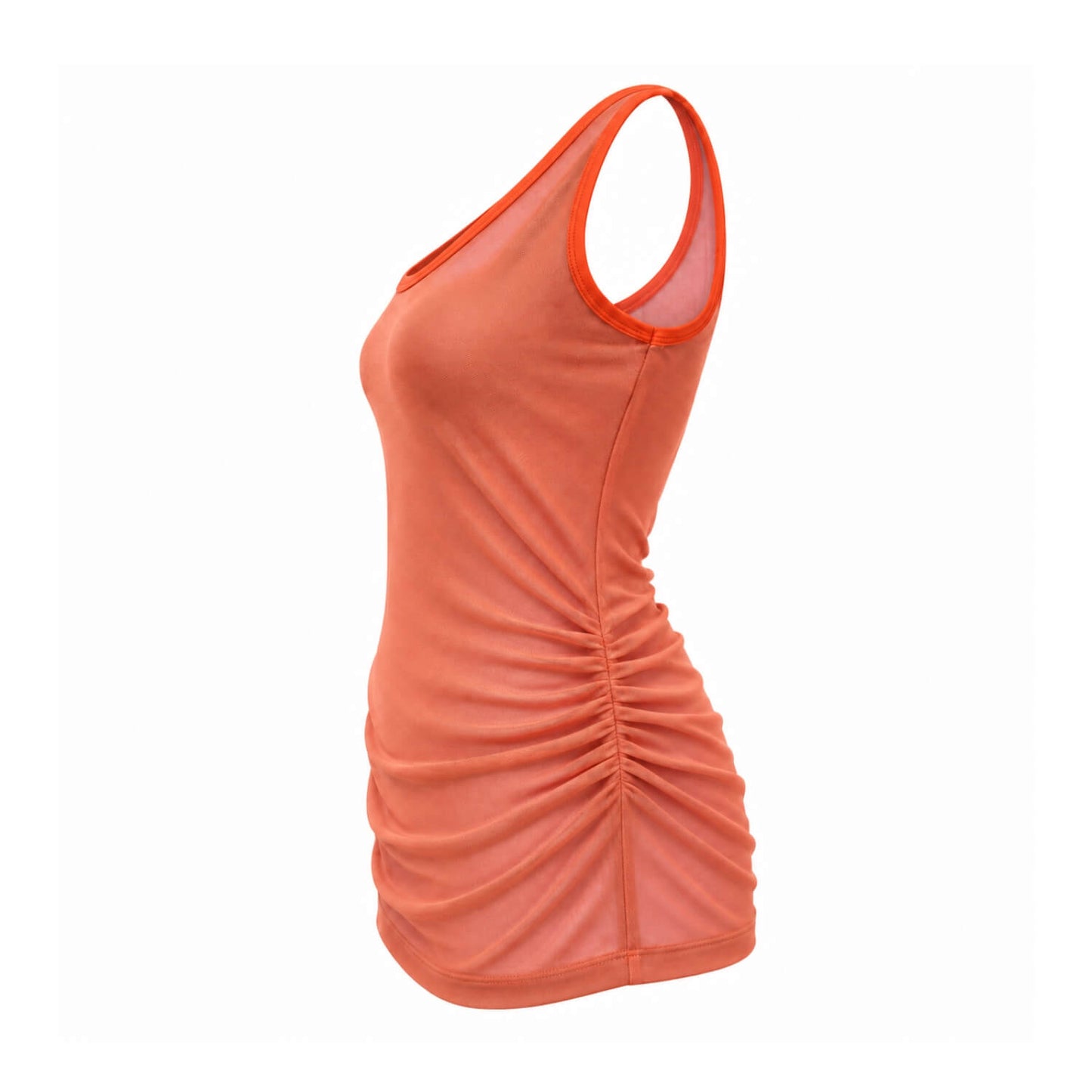 An orange athletic tank top with a ruched, gathered waist and a scoop neckline, shown from a side profile view against a plain white background.
