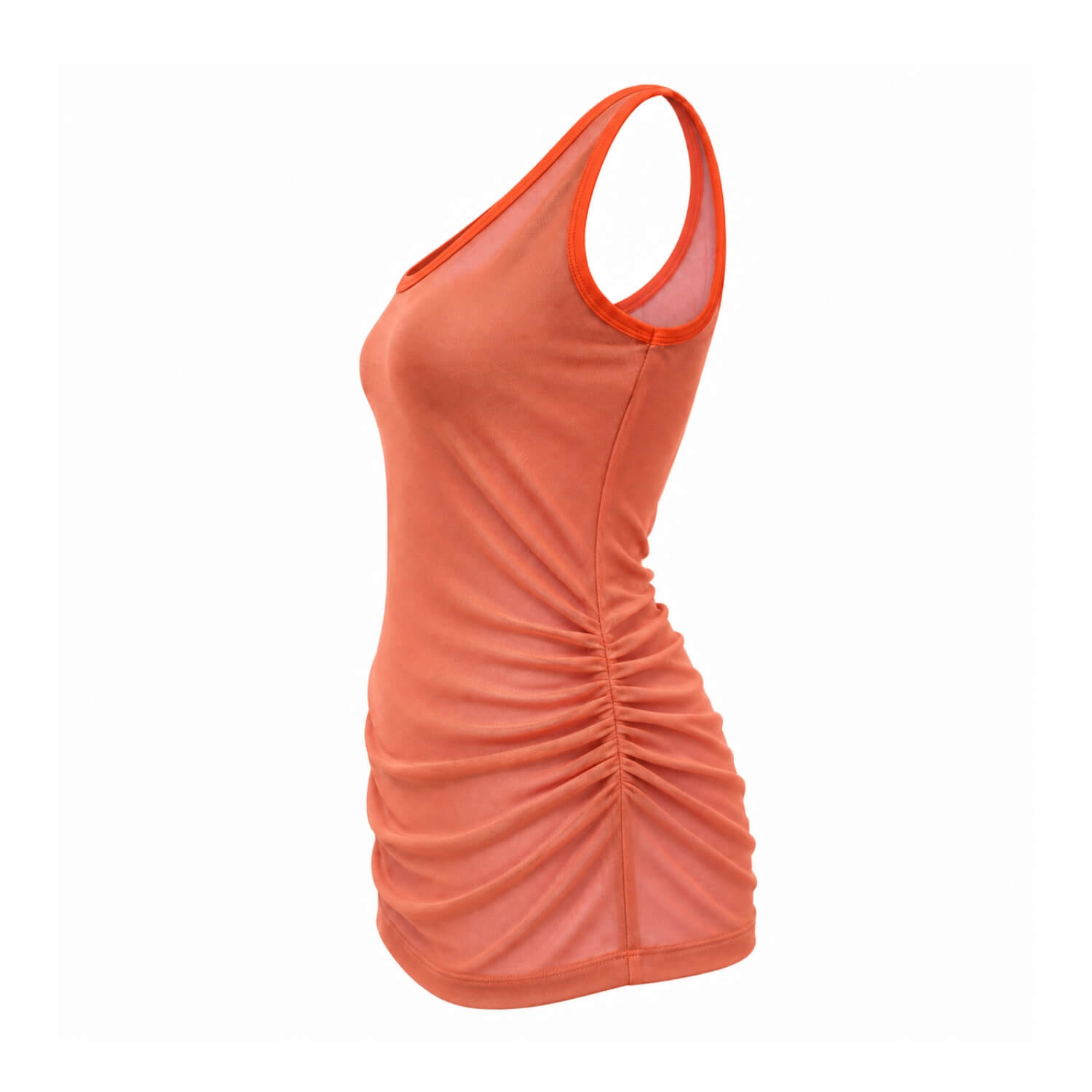An orange athletic tank top with a ruched, gathered waist and a scoop neckline, shown from a side profile view against a plain white background.