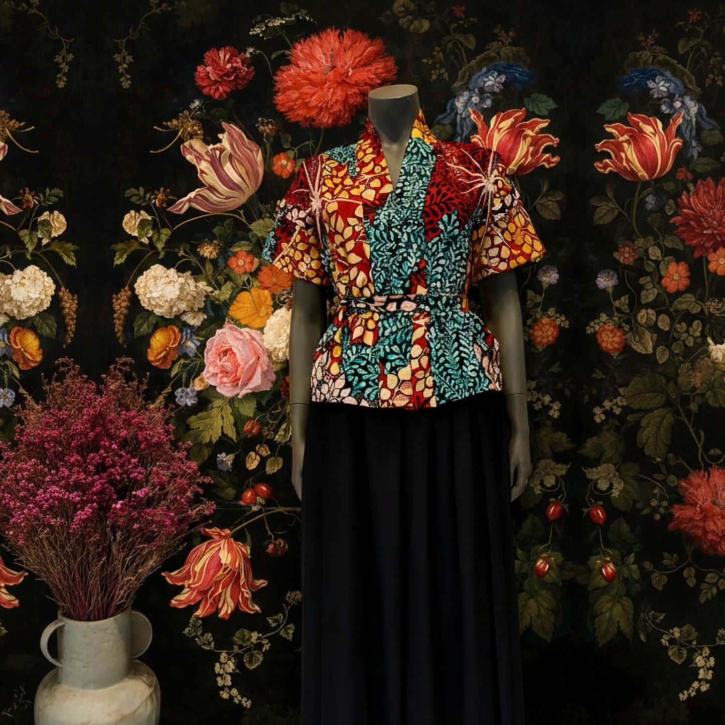 A mannequin wearing a short-sleeve collared blouse with a bold multicolor floral and leaf print, paired with a long black skirt, posed against a dark floral wall backdrop.