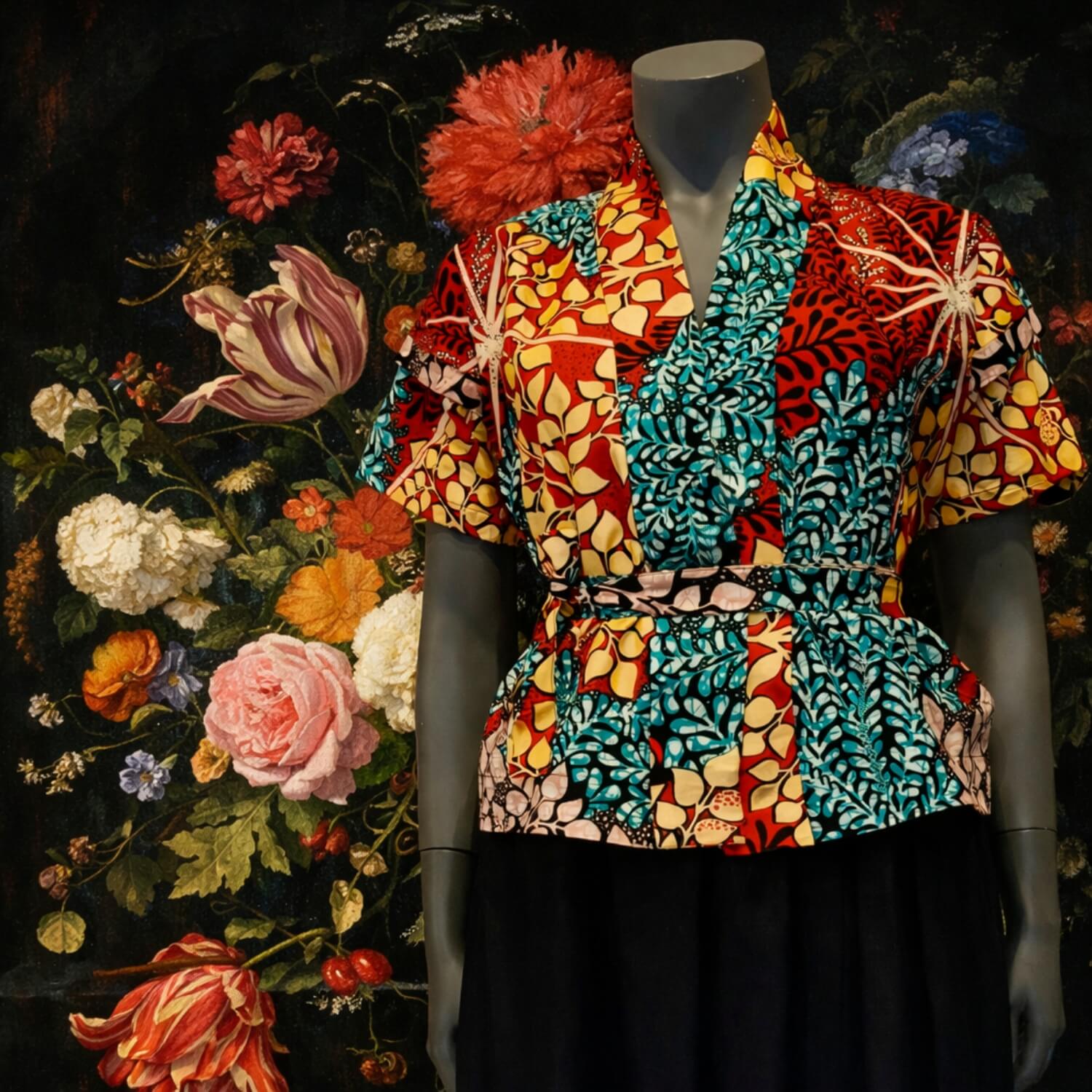 A mannequin wearing a short-sleeve collared blouse with a bold multicolor floral and abstract patchwork print, paired with a black skirt, set against a dark classical-style floral painting background.